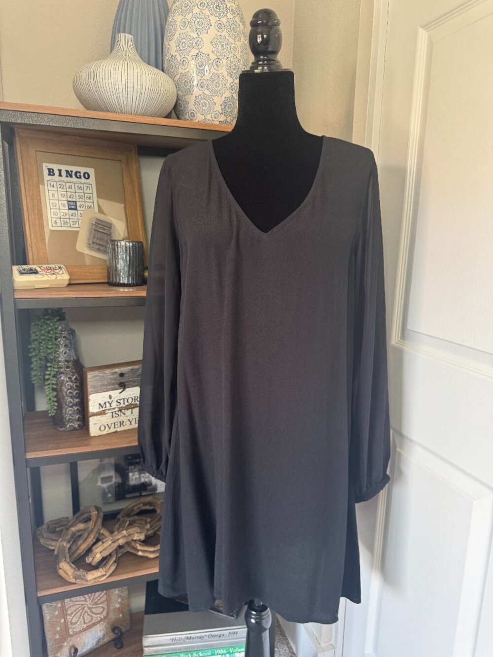 Express Black Lightweight V-neck Dress w/Sheer Sleeves - Size L
